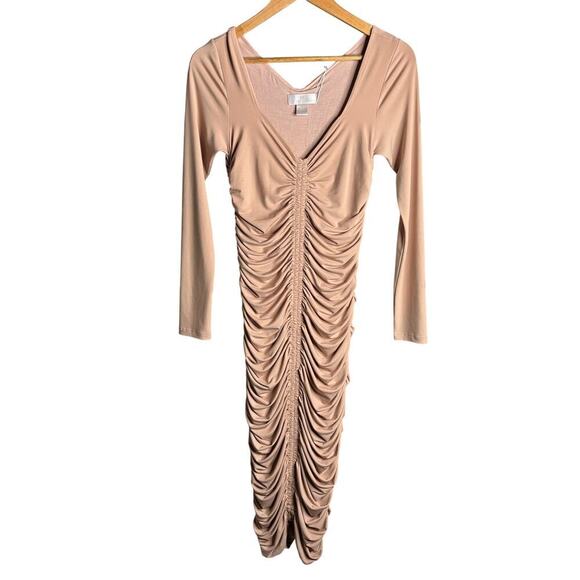Rachel Parcell Ruched Bodycon Long Sleeve Midi Dress Tan Size S - Picture 3 of 6
